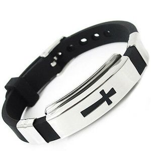 Stainless Steel and Black Rubber Cross Bracelet